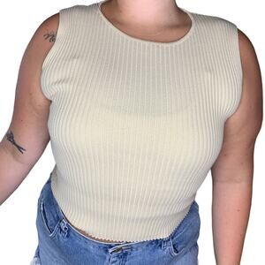 Vintage August Silk Cream Beige Knit Ribbed High Neckline Tank Top Size Large